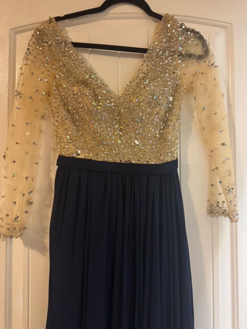 Dancing Queen Gold Beaded Bodice with Navy Chiffon Full-Length Gown
